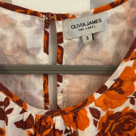 Olivia James Orange white Floral puff sleeve midi dress ruffle hem - Picture 3 of 5